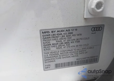 2020 Audi Q7 Premium Plus 55 Tfsi Quattro Tiptronic from USA, damaged, VIN WA1LXAF7XLD003210